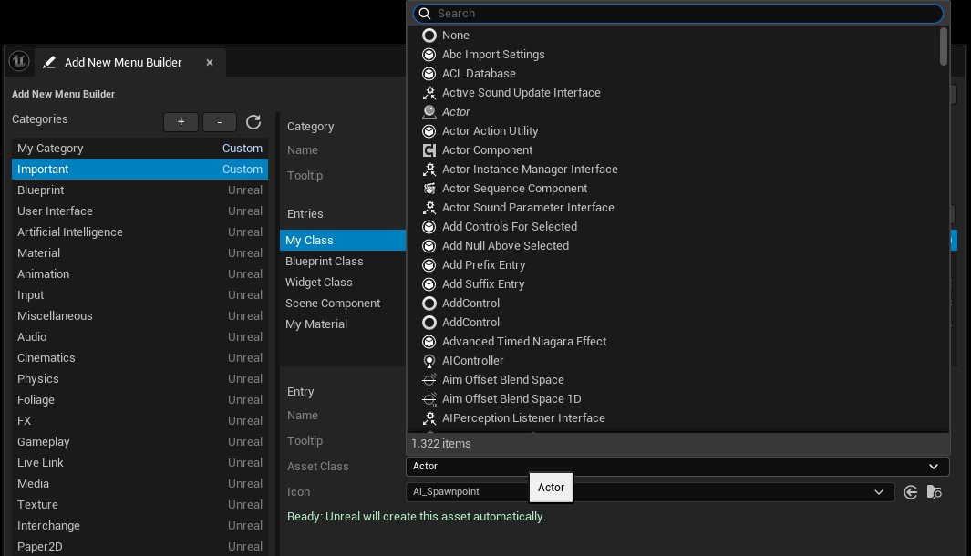 Asset Class picker open above an entry with Actor selected and green Ready status