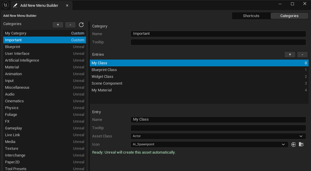 Categories page showing Important selected, its Entries list and the My Class entry settings