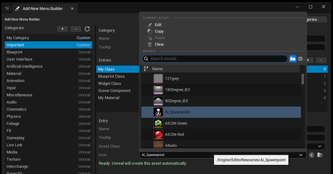 Icon asset picker showing Texture2D choices for a custom category entry