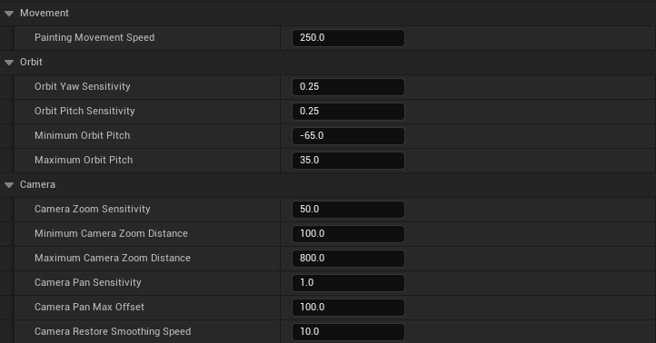 Camera, orbit, and movement settings