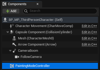PaintingModeControllerComponent added to the player character
